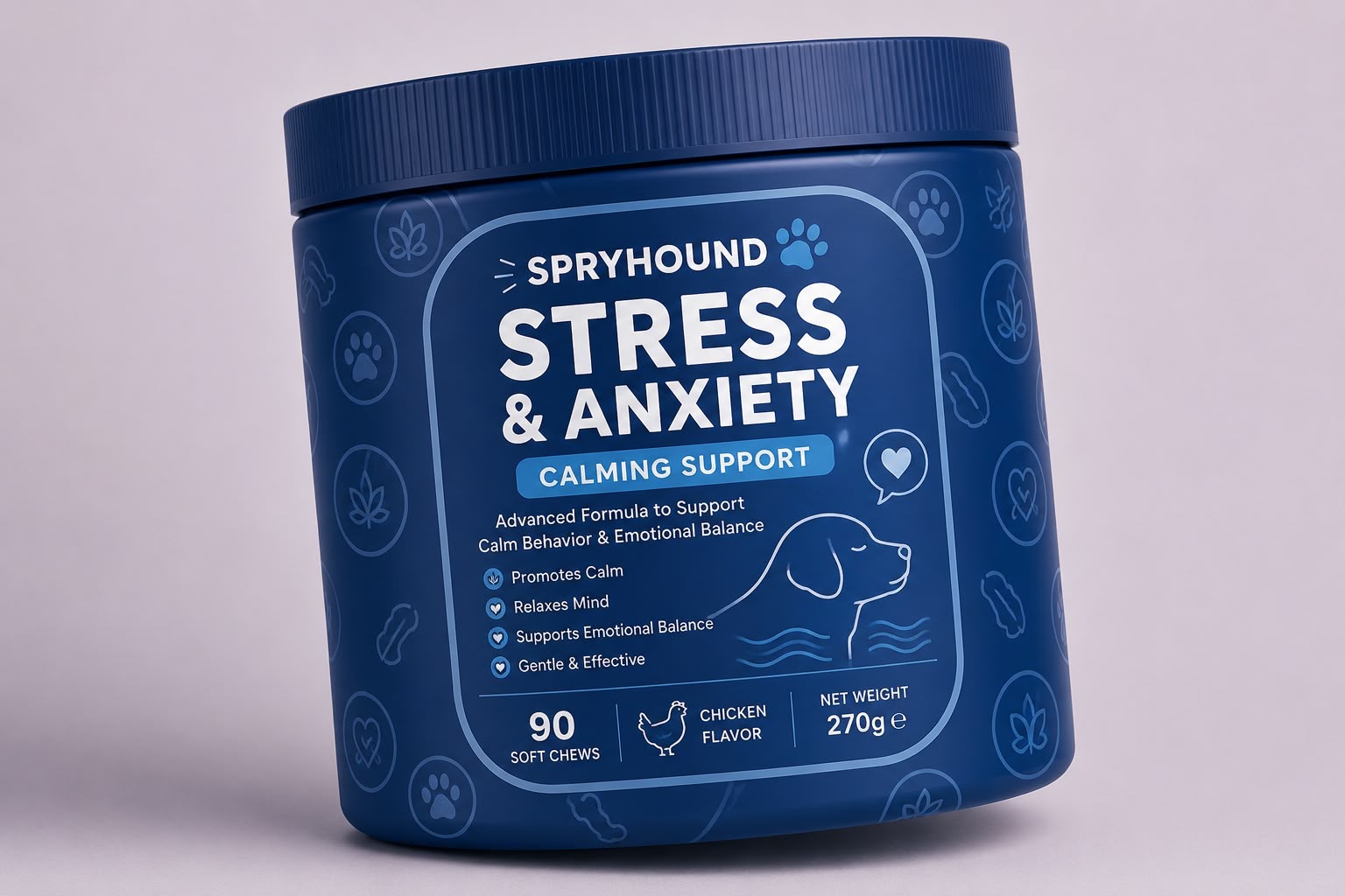 SpryHound Calm — blauwe pot met rustgevende chews voor honden
