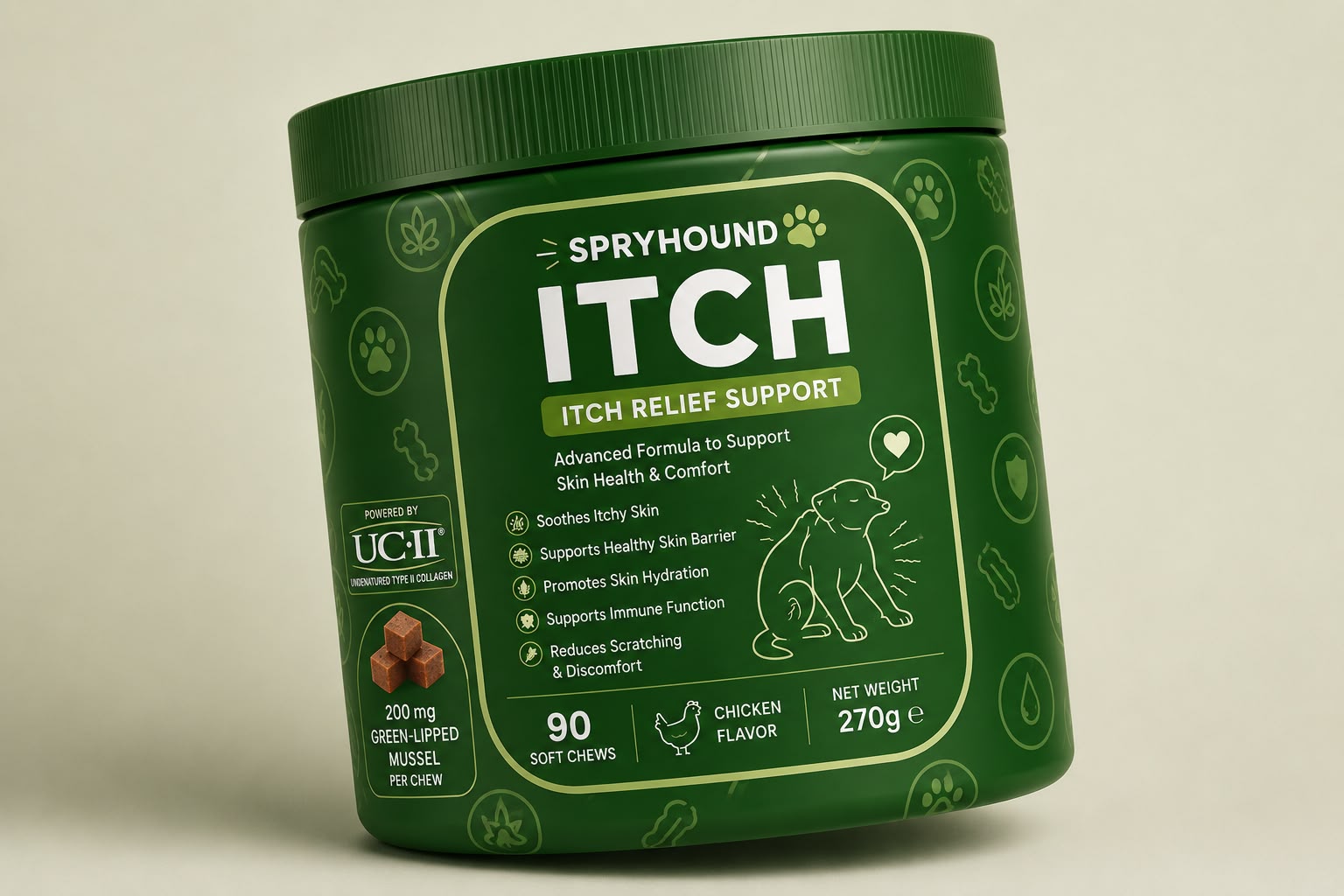 SpryHound Itch — groene pot met chews voor huid en vacht