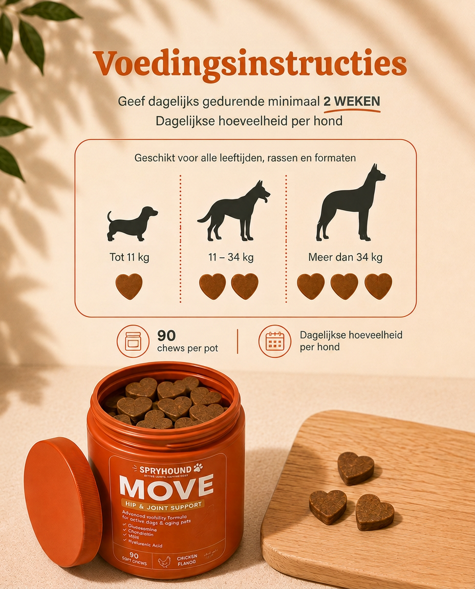 Voedingsinstructies: aantal chews per dag per gewichtsklasse