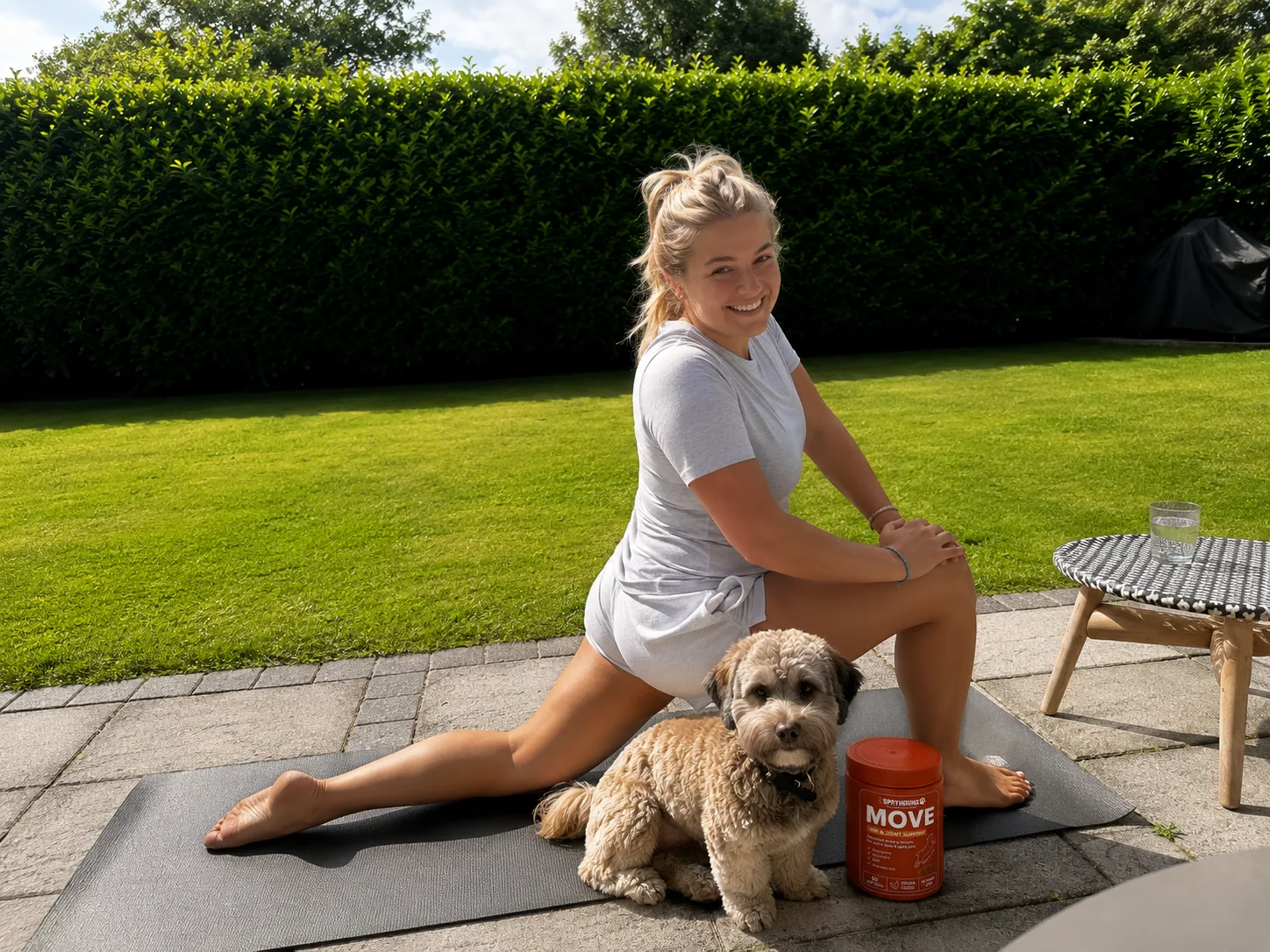 Vrouw doet yoga in de tuin met haar hond naast een pot SpryHound MOVE